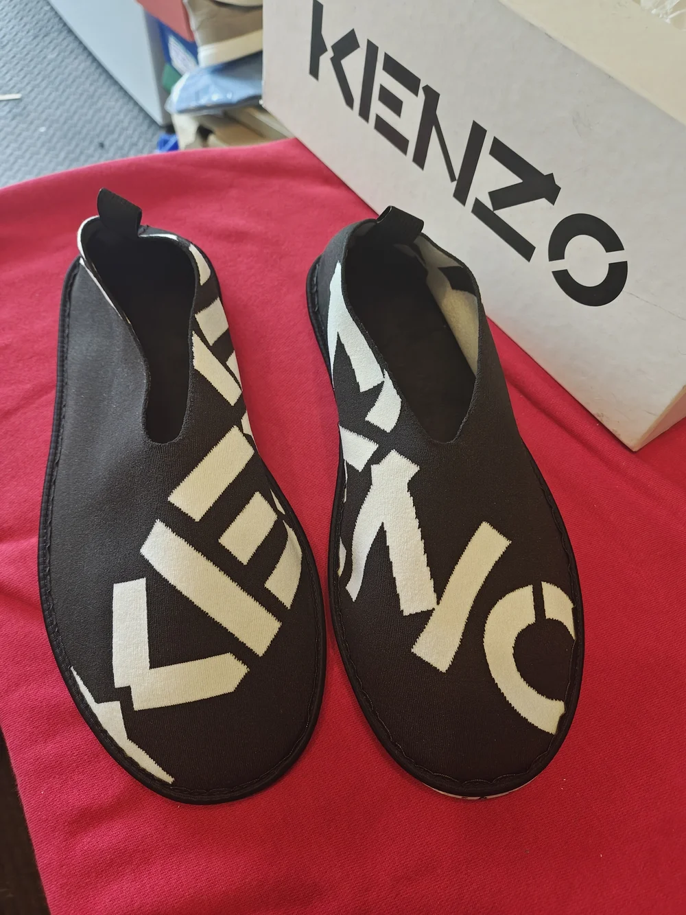 Kenzo Men’s Black and White Slip-On Sneakers 44